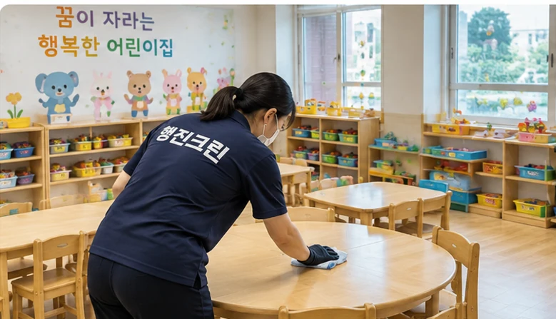 어린이집 청소 서비스 AI 생성 참고 이미지 (실제 시공사진 아님)